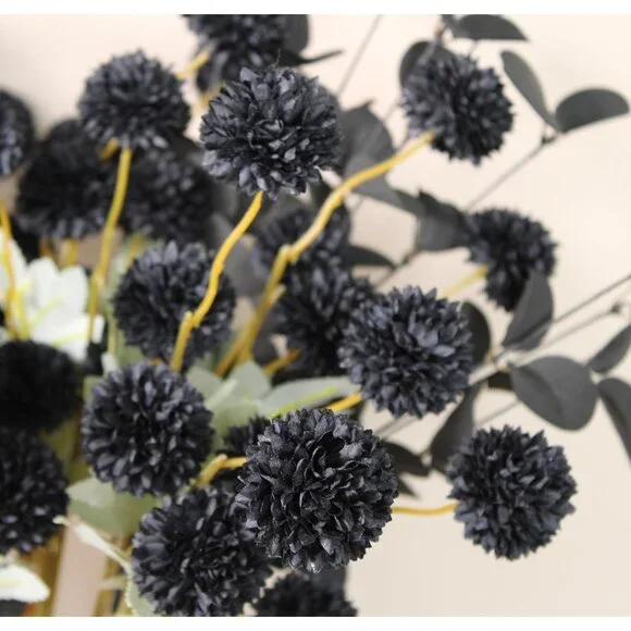 Black Faux Kiku Flowers for Vase 10 Long Stem Artificial Flowers with Eucalyptus - Picture 5 of 6